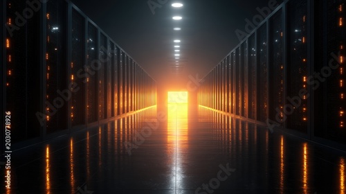 Glowing server room aisle with bright light at the end