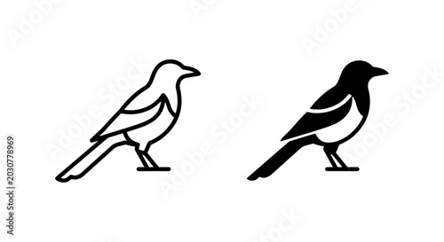 Magpie Bird Icons, Black and White Vector Silhouettes for Nature Design