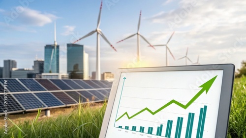 Tablet displaying rising graph is set against backdrop of wind turbines and solar panels, symbolizing eco investment growth