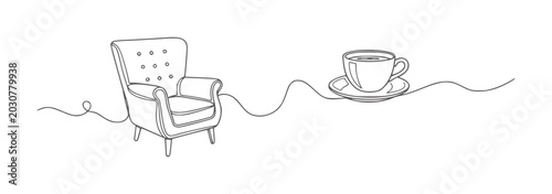 Obraz na płótnie Single line of a comfortable armchair and a cup of coffee saucer
