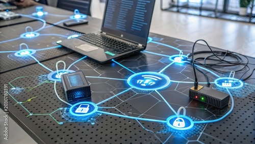 Laptop on table with glowing blue network connections symbolizes cybersecurity and data protection