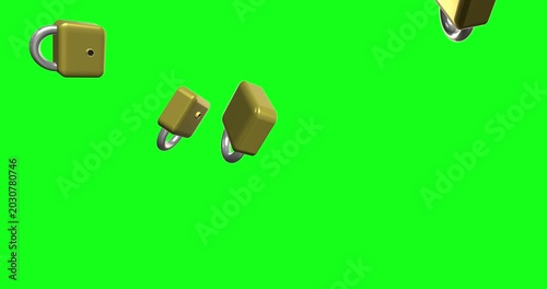 Golden padlocks fall and scatter on a green screen. This animation dynamically symbolizes digital security and data protection for various modern projects.