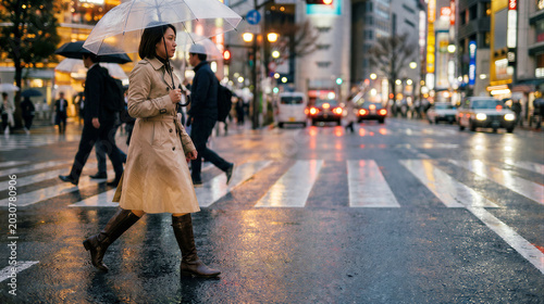 A focused Asian woman in a tan trench coat walks across a rainy city street at dusk, holding a transparent umbrella amidst glowing city lights and urban traffic in a busy metropolitan area.