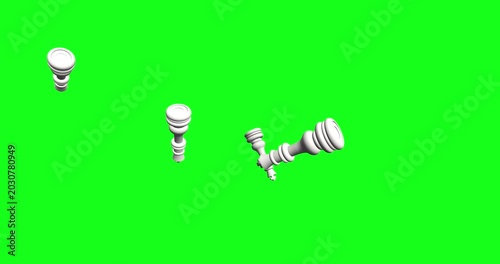 White chess pieces fall and scatter across a vibrant green screen. This animation is versatile for strategy, intellect, and competition themes.