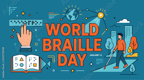 World Braille Day awareness banner in vibrant colorful illustration for accessibility and disability rights