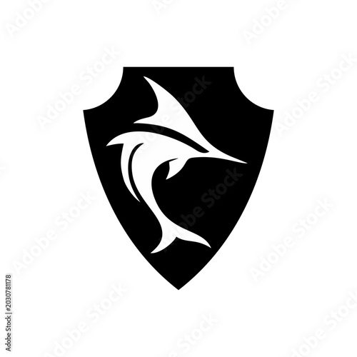 Set of marlin fish shield emblems in sport style. Perfect for team logo, fishing club, branding and merchandise design.