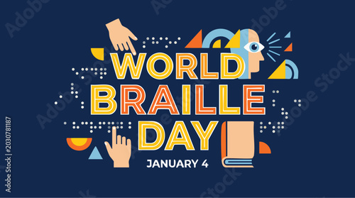 World Braille Day celebration logo in colorful vibrant lighting on dark background for accessibility awareness