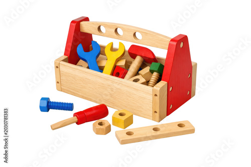 Colorful wooden toy toolbox, child's play construction set, educational building tools, kids' creative play isolated PNG with Transparent Background