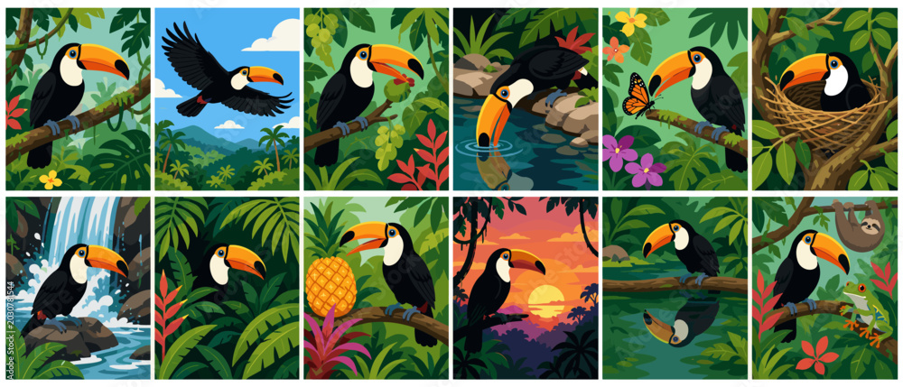 Fototapeta premium Vibrant toucans and jungle scenes in a playful, colorful illustration style