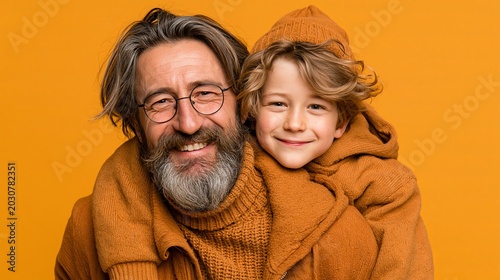 Happy father with grey beard and his young son posing for a joyful family portrait photo