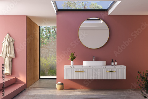 Tableau sur toile Contemporary bathroom scene with wall-mounted sink cabinet, circular mirror, skylight and copy space, ideal for interior design and real estate use