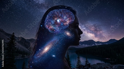 Woman with galaxy inside her mind gazing at starry night sky
