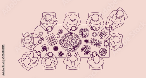 communal dining table, restaurant meal sharing, monoline vector illustration, friends eating together, social gathering concept, clean minimalist design, group dinner party
Tags:
communal, dining, tab