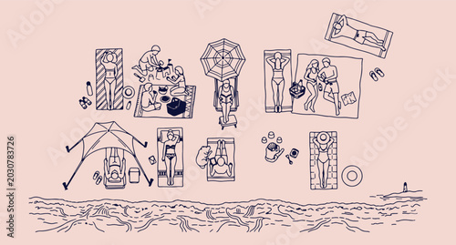 Foto summer beach scene overhead view, monoline vector people pattern, vacation leisu