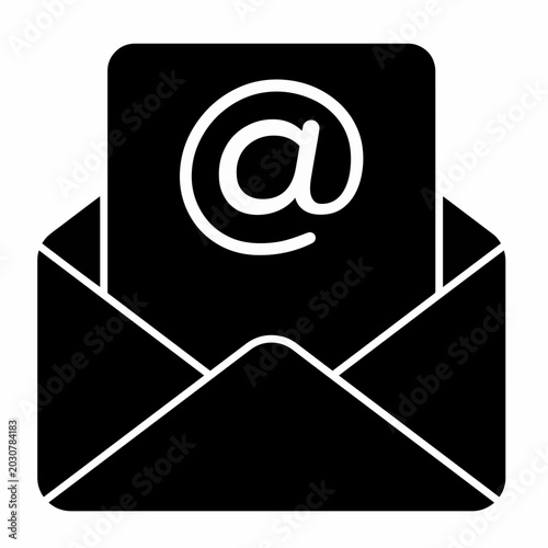 Email icon with @ symbol, solid black silhouette for contact and communication.
