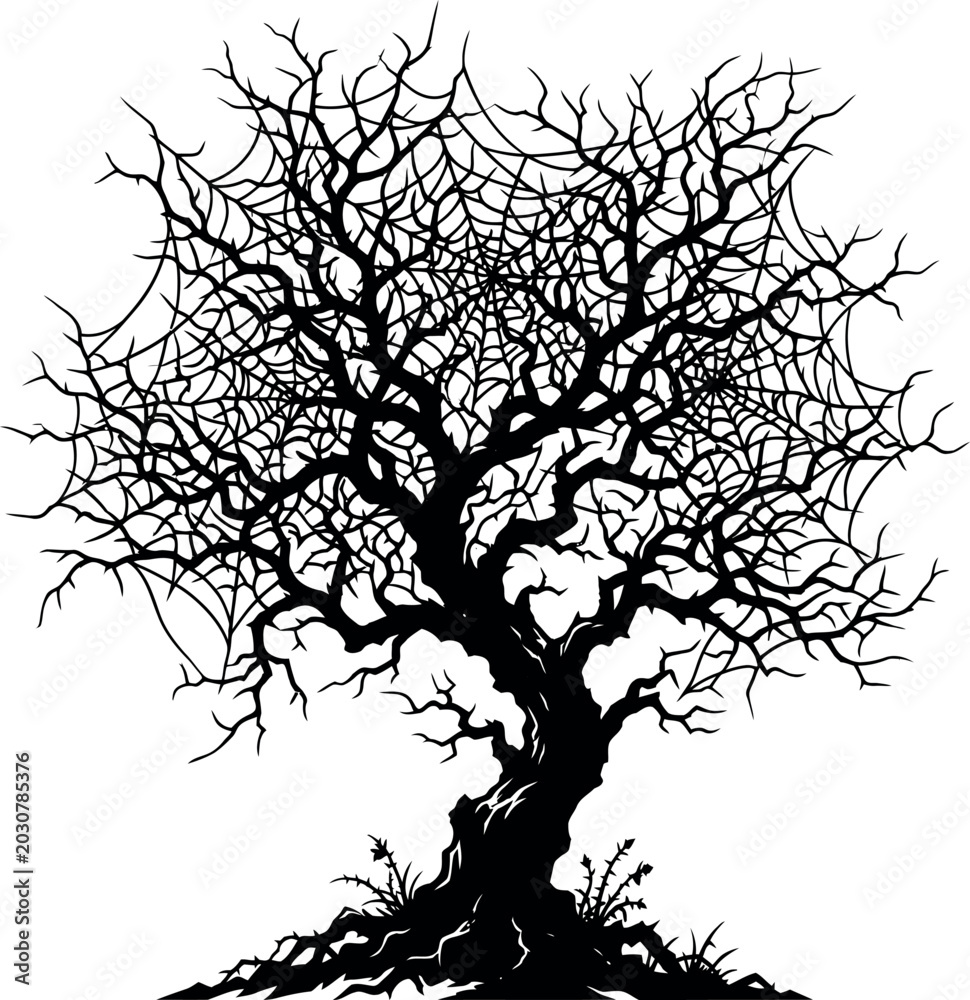 Obraz premium Spooky dead tree silhouette with cobweb Halloween vector