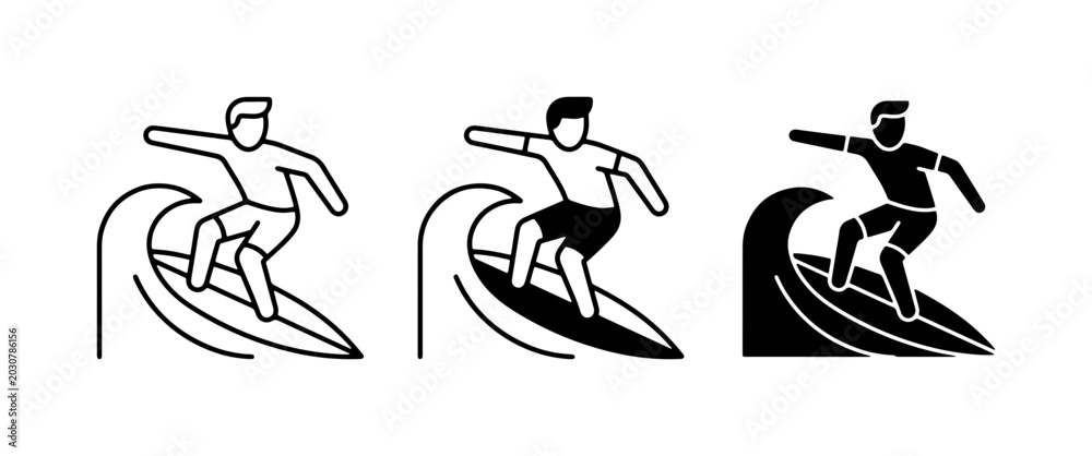 Obraz premium Surfing Icons, Wave Rider Vector Graphics, Ocean Sport Illustrations