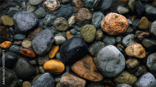 Smooth river stones forming a colorful pebble bed under shallow flowing water
