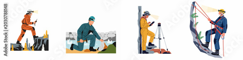 Bild auf Leinwand Set of flat vector illustrations featuring speleologists and geologists exploring caves, conducting research, and using specialized equipment in underground environments