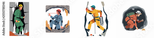 Schilderij op canvas Set of illustrations showing speleologists exploring underground caves with professional equipment, including helmets, headlamps, ropes, and measurement tools
