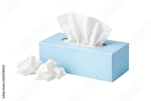 Soft facial tissue box, light blue paper packaging, white disposable tissues, hygiene and health product isolated PNG with Transparent Background