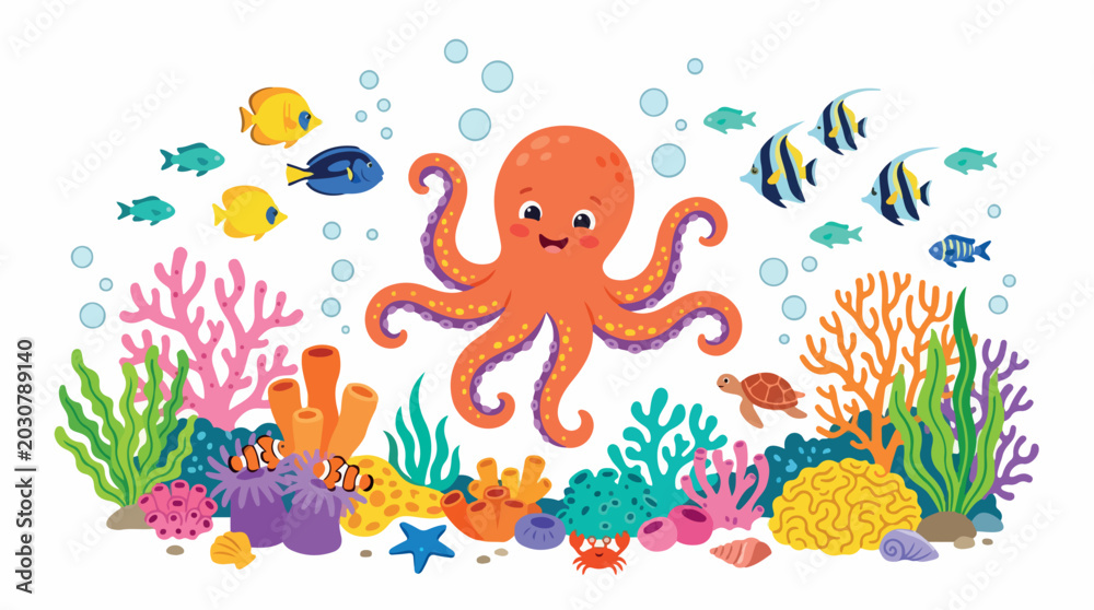 Naklejka premium Vibrant underwater coral reef scene featuring a cheerful orange octopus, colorful tropical fish, and lush sea plants