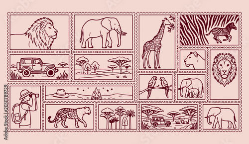 Quadro su tela Minimal, vector, line art, wildlife safari, animal kingdom, nature exploration,