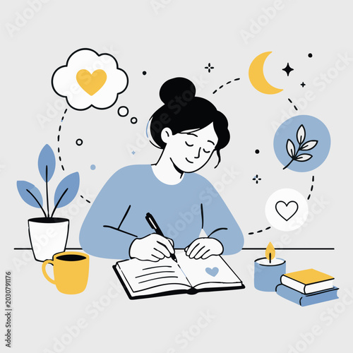 Creative young woman sitting at desk writing or drawing in notebook with inspiration bubbles around for diary journaling copywriting storytelling line vector illustration