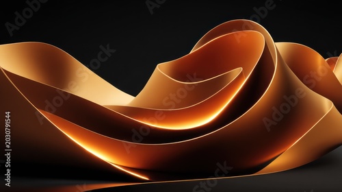 Undulating waves of metallic bronze material glow against a dark background