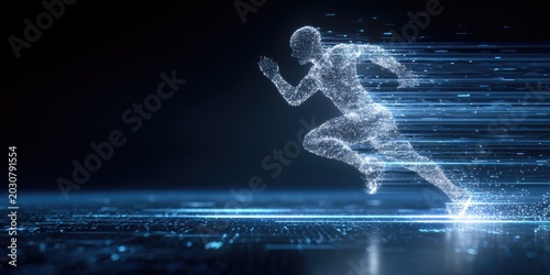 A glowing digital human figure runs at high speed on a futuristic circuit board