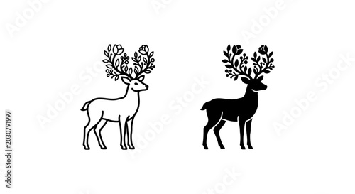 Canvas Print Floral Antler Deer Vector Icons, Nature Spirit Silhouette, Botanical Wildlife Ar