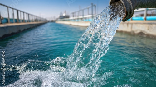 Clean water flows from a pipe into a clear blue channel