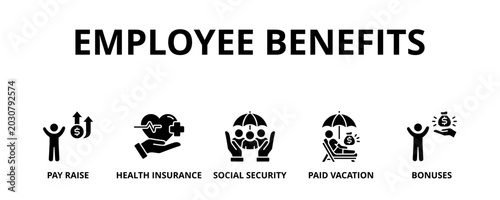 Employee benefits banner web icon vector illustration concept with icon of pay raise, health insurance, social security, paid vacation and bonuses 