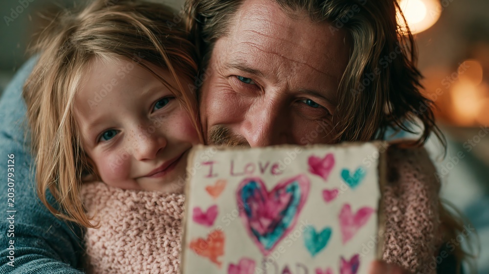 Fototapeta premium Loving father and young daughter holding a handmade card with colorful hearts in this photograph