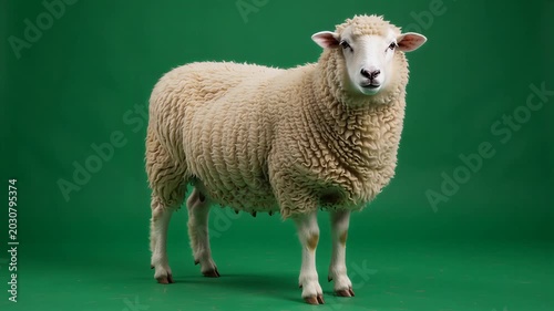 Fluffy white sheep standing on green background looking directly at camera