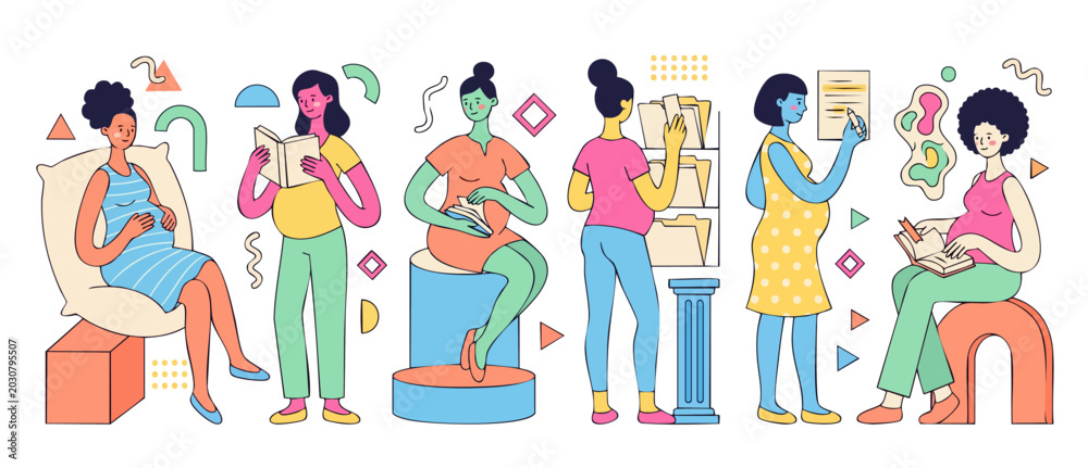 Fototapeta premium Pregnant women reading books and working in office flat illustration. Diverse expectant mothers in daily activities, lifestyle concept, modern minimalist art style for maternity healthcare design bann
