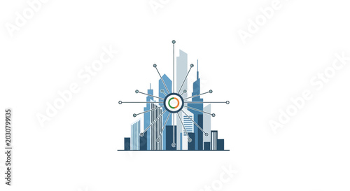 Fotografía A digital illustration of a modern city skyline with a central network connectio