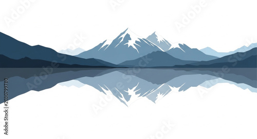 Photos Majestic snow capped mountain range reflected in calm lake water.