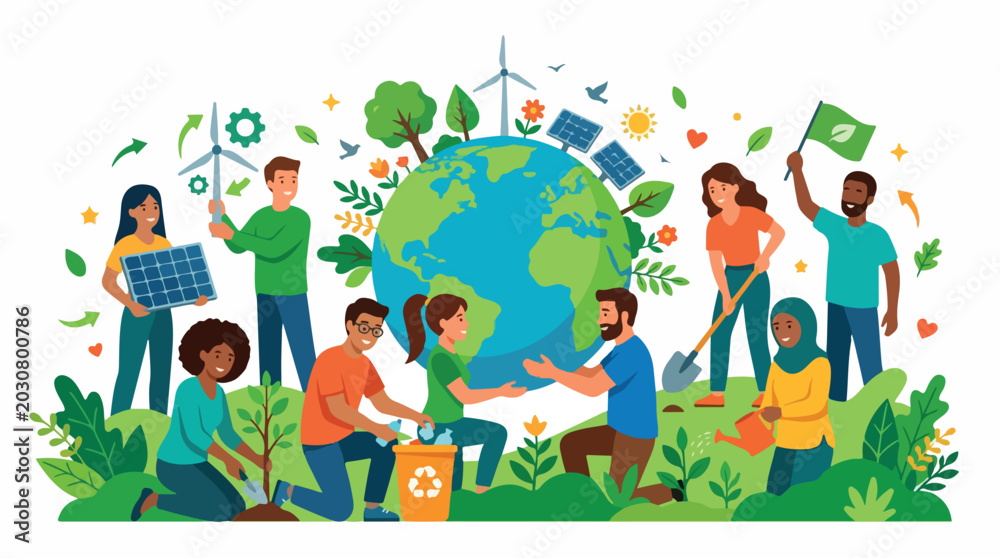 Fototapeta premium Diverse group collaborates around a globe with wind turbines and solar panels to promote global environmental awareness