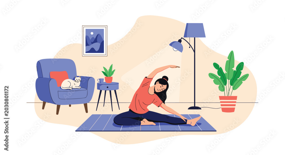 Obraz premium Young woman doing stretching exercises on a yoga mat in her living room with a cat on an armchair represents a healthy lifestyle.