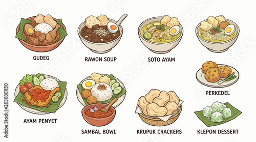 Foto A vibrant illustration showcasing a variety of traditional Indonesian dishes, including Gudeg, Rawon Soup, Soto Ayam, Ayam Penyet, Sambal, Perkedel, Krupuk, and Klepon