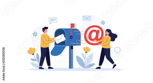 Man and woman facilitate digital communication by placing a physical letter and an electronic symbol into a mailbox.