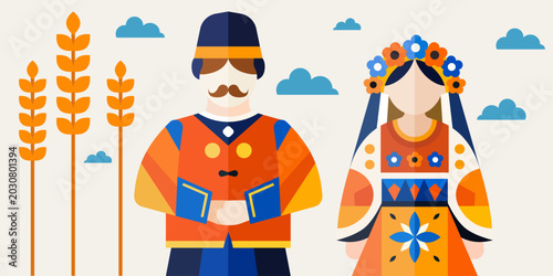 Ukrainian Folk Couple in Traditional National Costumes Flat Vector Illustration.