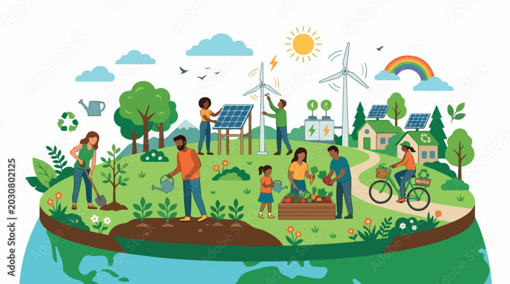 Obraz premium Vibrant scene of a sustainable community garden with wind turbines solar panels and people