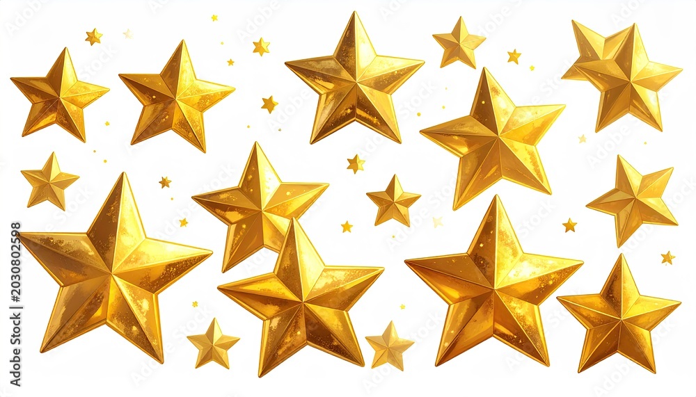 Obraz premium Shiny Golden Stars Scattered on White Background, Festive Decoration Element