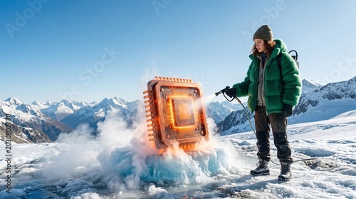 A person cooling an overheated giant computer processor with a spray in a snowy mountain landscape, representing thermal management and advanced computing challenges.