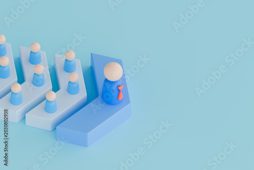 3D rendering of a leading blue figure with a red tie standing on the foremost arrow, guiding follow-up team members on separate white arrows.