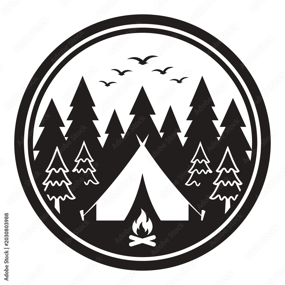Obraz premium Circular camping emblem featuring a tent campfire pine trees and flying birds graphic illustration icon