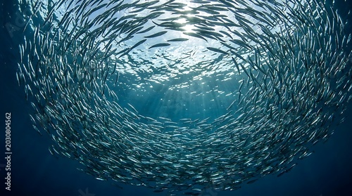 A school of fish swimming in a circle underwater in the ocean with sun rays filtering through the water