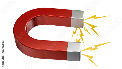Fotografie Red horseshoe magnet with silver ends and yellow lightning bolts